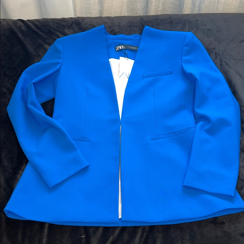 Zara Electric Blue Collarless Open-Front Blazer